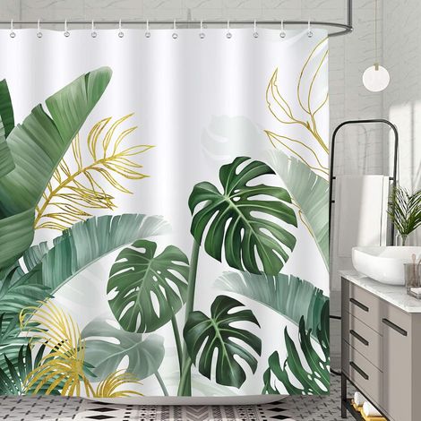 Rideau de douche à motif de feuilles tropicales, vert et or, avec plantes Monstera, palmier et feuilles de bananier, 183 x 183 cm (72 x 72 pouces), 12 crochets (1/4)