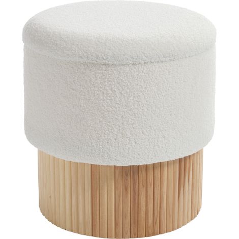CHAIRUS Round Ottoman Storage Stool in Faux Fur & Wood Modern Pouffe Small Footstool Dressing Table Ottoman for Living Room Bedroom, White