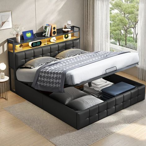 Lit double adulte 160 x 200 cm avec LED réglable et chargement USB - Cuir synthétique (PU) - Noir - Style industriel vintage - Tête de lit avec rangement