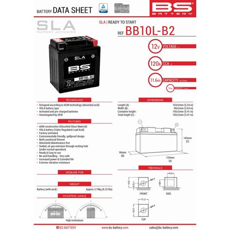 Batterie BS BB10L-B2 (FA) (YB10L-B2, YB10L-A2) 12 V 11 Ah 136 x 91 x 146 mm sans entretien - à électrolyte liquide (160 A) (4) - Remplace 300834