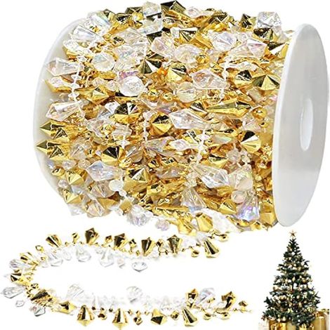 Jishi Guirlande de Noël de 4,9 m - Perles dorées Transparentes irisées et dorées - Guirlande de Perles torsadées pour décoration de Sapin de Noël, Guirlande de Cristal Rustique pour décoration (1/5)
