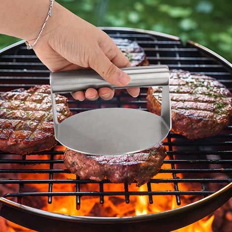 Presse à hamburgers en acier inoxydable, ensemble de grillades en métal avec manche en bois, compatible lave-vaisselle, pour cuire des steaks hachés, écraser la viande et faire fondre le fromage. (1/5)