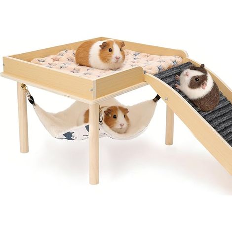 House Guinea Pig Hammock for Dwarf Rabbit Hamster Small Animals  Wooden Rabbit House with Ramp, Indoor Cage Accessory, Hiding Place and Toy for Rodents, Gerbil, Rat, 32 x 32 x 25 cm (1/5)