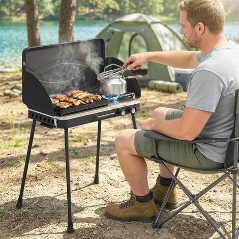 Barbecue à gaz propane portable 2-en-1 avec grille et réchaud, 7KW, noir (1/5)