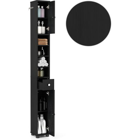 Mobiletto da bagno stretto con ripiani regolabili, MDF nero