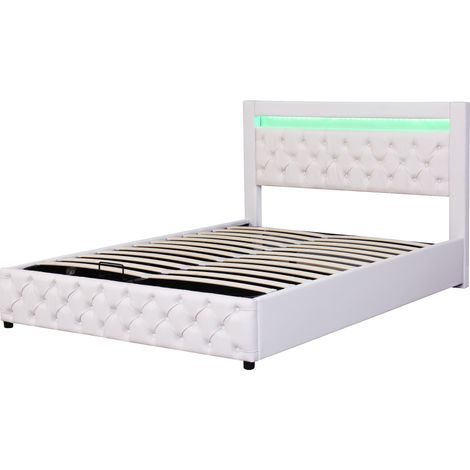 Lit rembourré 160 x 200 cm, lit fonctionnel avec sommier à lattes et espace de rangement, avec éclairage LED, fonction de rangement, blanc, PU (1/5)