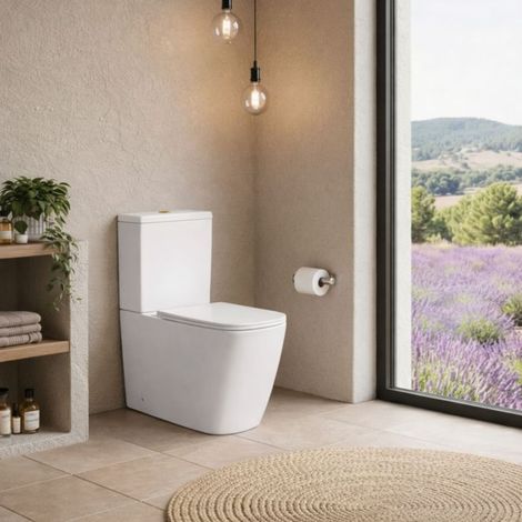 SOULHOME Pack Inodoro Completo Rimless Recto Blanco Brillo  Tapa Amortiguada  Salida Horizontal/Vertical  Doble Descarga Eco  Pulsador Oro Rosado (1/5)