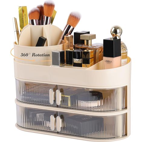 Organisateur Maquillage Rotatif 360° - 1 Pièce - PET Transparent - Avec Tiroir et 2 Niveaux - Pour Salle de Bain et Coiffeuse - Grand Format (1/5)