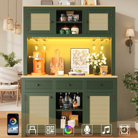 Armadio di Rangement con 1 Porta, 6 Nicchie, 1 Cassetto, LED, Stile Vintage, per Cucina, MDF e Metallo, Verde Antico, 120×40×180 cm (1/5)