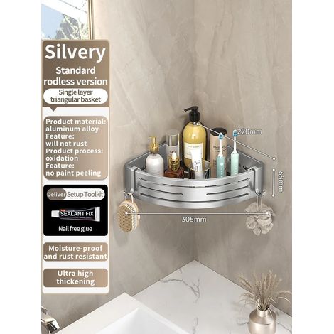 (JS68 triangle argenté) Étagère murale en aluminium pour salle de bain, porte-shampoing, rangement et organisateur de cuisine - Installation sans perçage - (1/5)