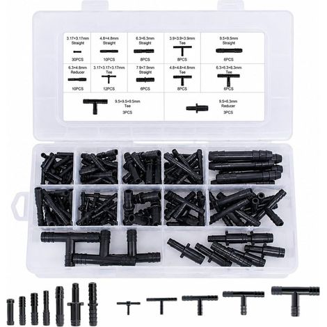 Kit de raccords en T pour tuyaux, 113 pièces, assortiment de raccords  T pour voiture, 12 tailles, kit de connexion pour tuyaux d’arrosage et systèmes d’irrigation de jardin. (1/5)