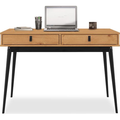 Bureau WANDA avec 2 tiroirs, en pin massif - Coloris chêne et noir (1/4)