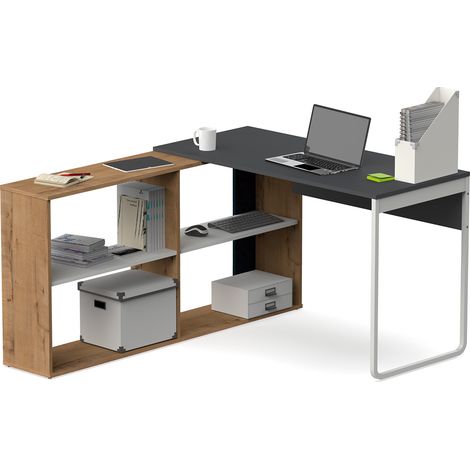 Bureau d'angle modulable coloris chêne doré / gris - Hauteur 143 x Longueur 120 x Profondeur 72 cm -PEGANE-