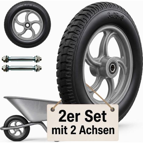 Relaxdays Sackkarrenrad 2er Set, 3.25-8, Vollgummi, Komplettrad Stahlfelge, Achse, Ersatzrad Schubkarre, schwarz/grau