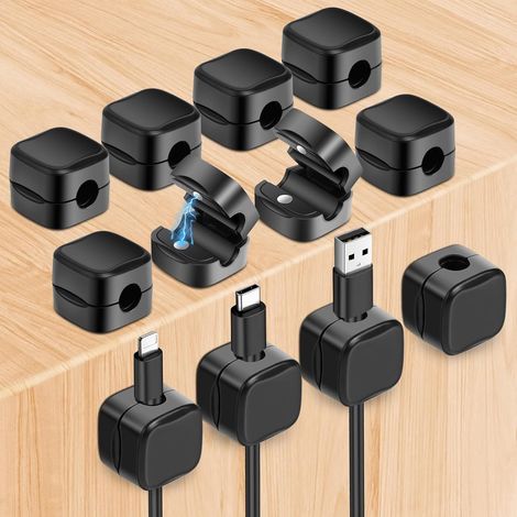 Clips Câble Organisateur Bureau, 12 Pcs d'organisateurs de câbles magnétiques, Range Câbles Silicone Fixe pour Câbles de Chargeur/Souris/Écouteur/Ustensiles de Cuisine (Noir (1/5)