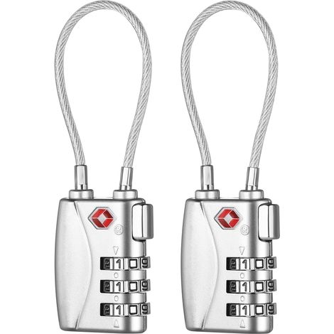 Cadenas à Bagages Approuvés Par La TSA, Cadenas Valise (2, Argent) Câble Flexible, Serrure de Valise Codée, Petit Cadenas de Casier de Gym Avec Combinaison à 3 Chiffres (1/5)
