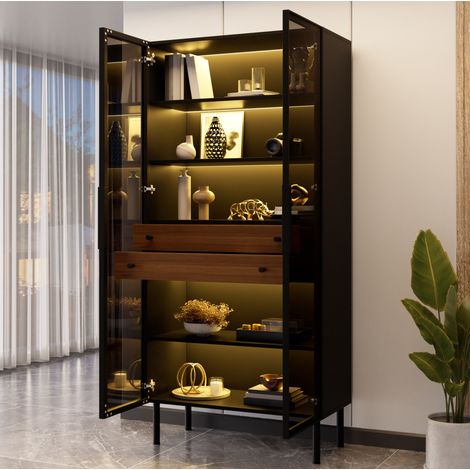 Vitrine mit Glastüren, LED-Beleuchtung per App steuerbar, 2 Schubladen, Innenregale, Standvitrine Wohnzimmer, Aufbewahrungsschrank mit Glasfront
