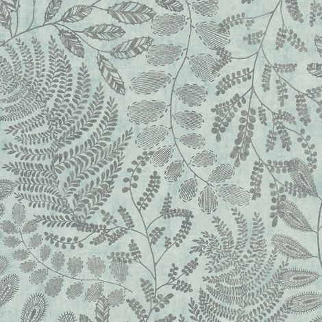 Papel pintado naturaleza Profhome 388301 papel pintado no tejido liso con ornamentos florales efecto satinado turquesa plata menta 5,33 m2 (1/5)