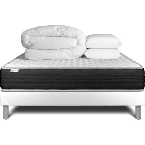 Komplettpaket Bett - Matratze 180x200 cm + Boxspringbett mit Lattenrost (im Set) + 2 Kopfkissen + Bettdecke - Vitalmemo One