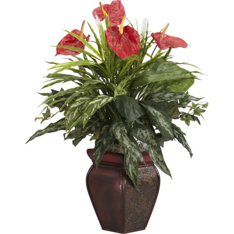 Mélange de Plantes Vertes et anthurium avec Vase décoratif en Soie Vert (1/5)