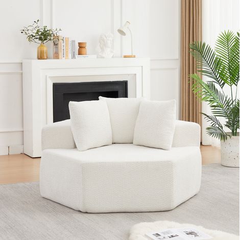 Sillón individual modular hexagonal de chenilla beige con 3 cojines OKWISH (1/5)