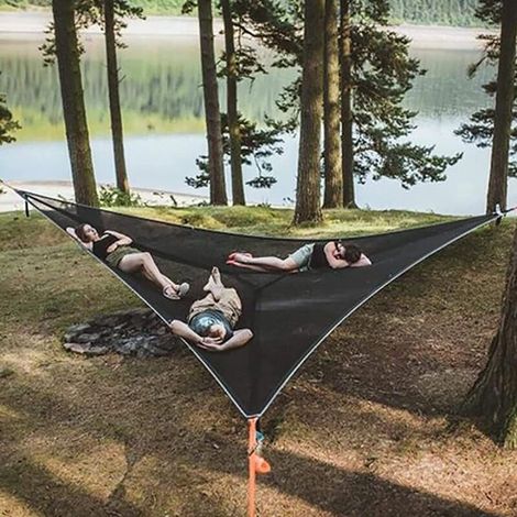 Hamac triangulaire portable 2-3 personnes – Dimensions 4x4m – Charge 440 livres – Installation 3 points – Matériau filet de haute qualité