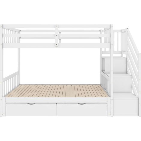 Lit superposé 90 x 200 cm en pin et MDF blanc avec lit gigogne, 2 tiroirs et escalier de rangement (1/5)