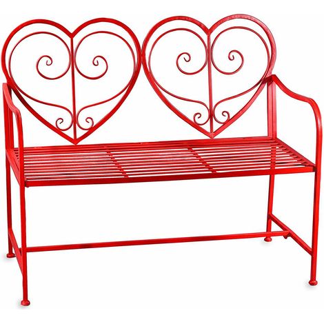 Panchine in metallo color rosso con schienale a cuori per decorazioni vetrine di San Valentino, cm 109 x 55 x 93,5 H