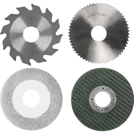 Das 4-teilige Kettensägeblatt-Set enthält ein 2,5 Zoll (63 mm) großes Sägeblatt aus Harz und ein 60 mm großes 2,5-Zoll-HSS-Schmirgelblatt. (1/5)