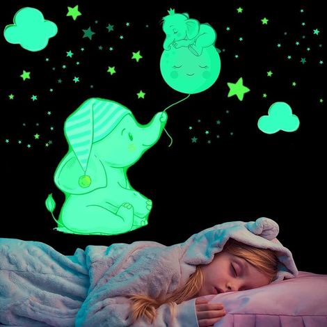 Luminous Elephant Wall Stickers, Fluorescent Moon and Star Wall Decals, Luminous Wall Stickers, Removable Phosphorescent Wall Stickers, Gift for Children's Room DIY Decor for Boys and Girls (1/5)