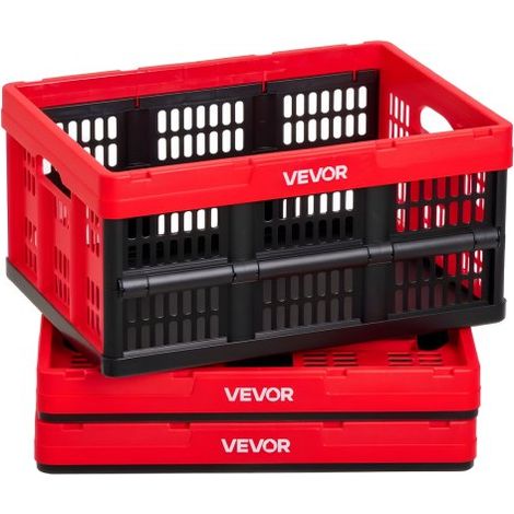 Cajas de Almacenaje Plegables de Plástico 32 L, 3 Unidades, Contenedores de Almacenaje sin Tapa, con Asas, Ahorra Espacio, Soporta 12 kg para Camping Organización Coche Hogar, Color Rojo y Negro (1/5)