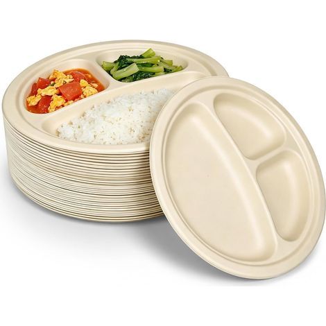 Lot de 50 grandes assiettes en carton bagasse rondes avec 3 compartiments, super rigides, recyclables, vaisselle de camping, micro-ondes et four pour fête, pique-nique (1/5)