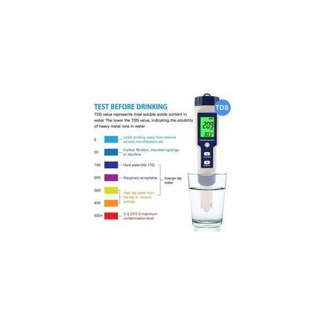 PH-Mètre, Testeur PH Mètre 5 En 1 PH/TDS/EC/ORP/Tempmètre, Testeur De Moniteur De Qualité De L'eau Pour Piscines, Culture Hydroponique, Eau Potable, Aquariums (1/4)