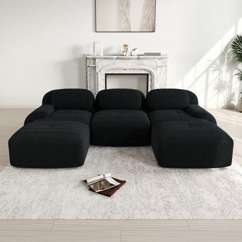 Canapé 4 places en U, avec accoudoirs extra-larges, design modulaire, dossier ergonomique, velours côtelé antidérapant et coussins haute résilience 32D, Noir (1/5)