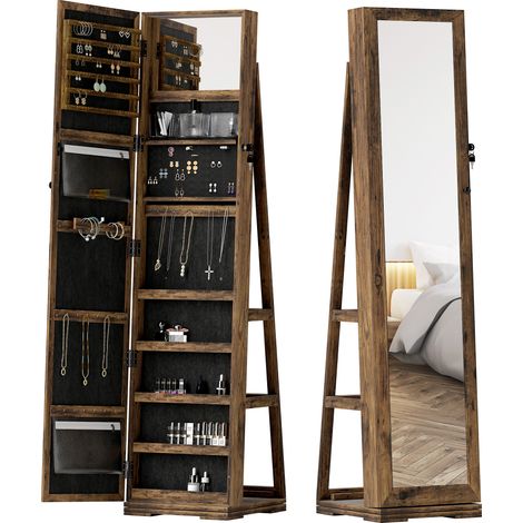 Armoire à Bijoux pivotante verrouillable avec miroir, multi-rangement, Brun Rustique
