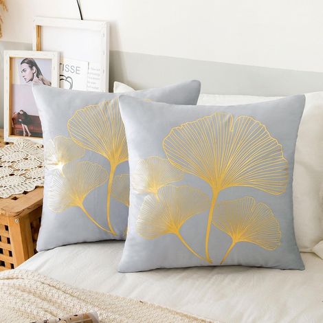 Lot de 2 Housse de Coussin Moderne 40x40 Housse de Coussin Velours Or Ginkgo Biloba Motif Housses Coussins Maison Décor Protecteurs Taie d'oreiller pour Chambre Salon Canapé Lit Décoration Gris (1/5)