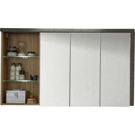 Bay Bad Spiegelschrank 3 Türen, 3 offene Fächer Eiche Dekor Honig, Beton Dekor.
