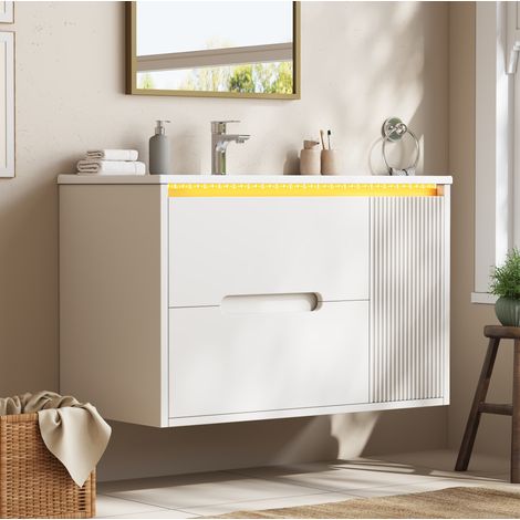 Meuble sous-vasque suspendu 81x47 cm avec vasque en céramique, LED pilotée par appli, MDF blanc (1/5)