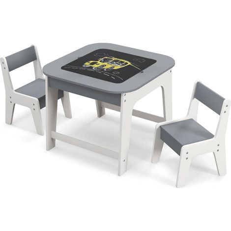COSTWAY Set Tavolo e 2 Sedie per Bambini, con Lavagna Reversibile, Tavolo Multiattività con Vano Portaoggetti Nascosto e Sedie, per Bambini da 3-6 Anni, per Cameretta e Soggiorno (Grigio)