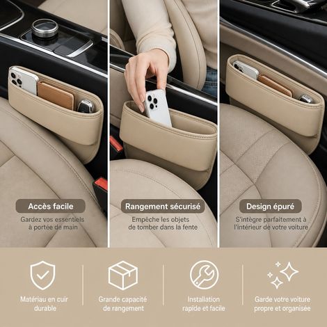 Boite de Rangement U en Cuir Synthetique Beige pour Interstice de Siege de Voiture, 30 x 20 x 5 cm, avec Deux Compartiments (1/4)