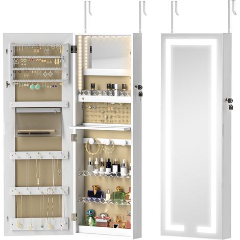 Miroir de Coffre à Bijoux avec Lumière LED et Serrure Blanc 60x40cm