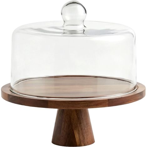 Présentoir à gâteaux en bois avec couvercle de 23 cm de diamètre et élégant plateau en verre, idéal pour les fêtes d'anniversaire et la cuisine. Marron foncé, grand format.