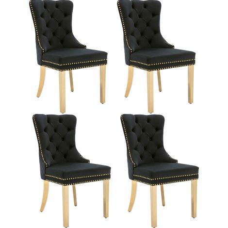 Chaise de salle à manger en velours noir avec anneaux dorés décoratifs, pieds en acier inoxydable doré, 50,5 x 45 x 95 cm (1/5)