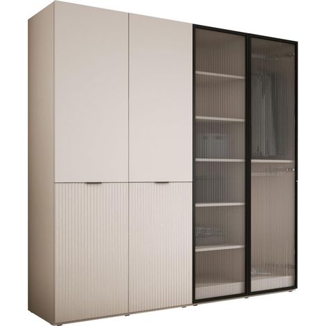 Armoire beige sable avec 4 portes – Verre rainuré – Dimensions 200 x 200 x 51 cm – Panneaux stratifiés – Montage facile – 3Xe Living