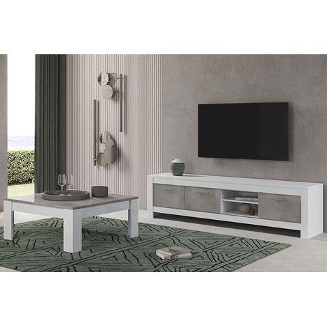 DENAE - Ensemble Salon Blanc et Gris Marbré Meuble TV 3 Portes + Table Basse Carrée (1/5)
