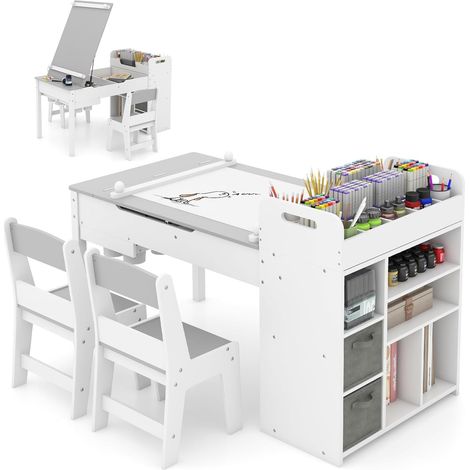 Goplus – Table de dessin enfant 2 en 1 – 2 chaises incluses – Plateau rabattable – Porte-rouleau papier – Dimensions 120x60x60cm – Rangement intégré (1/5)