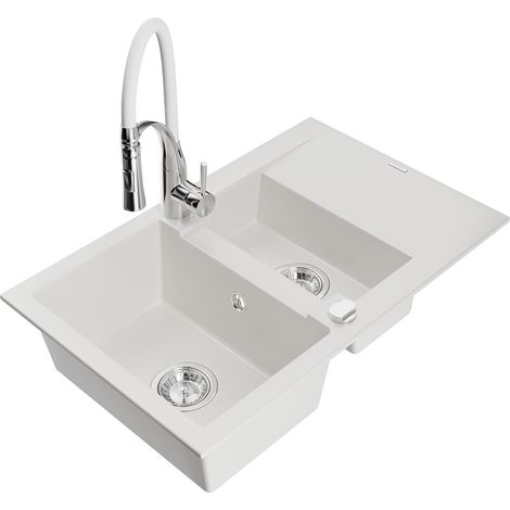 Mexen Gaspar lavello in granito 1,5 vasca con scolapiatti e rubinetto da cucina Aster, bianco - 6507-20-73450-02 (1/5)