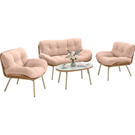 Salon de jardin en résine tressée - mobilier de jardin - Outsunny - coussin 12cm épais canapé 138 cm 2 fauteuils et table - beige