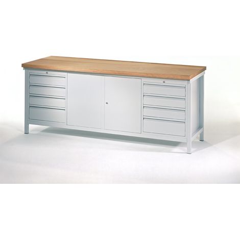 Pavoy Werkbank, 2000x700x900 mm, 2 Schubladenblöcke, 1 Schrank, RAL 7035 (1/3)