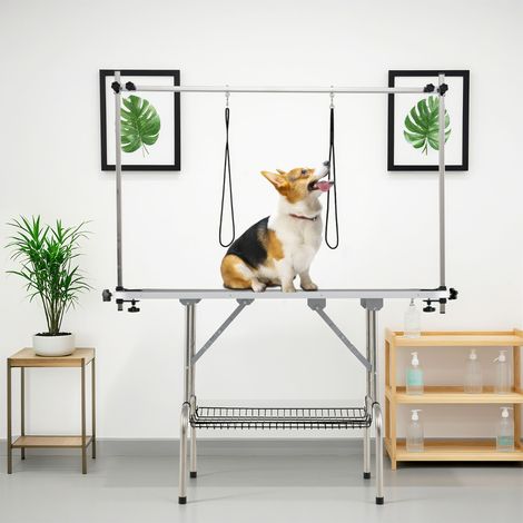Table de Toilettage pour Chiens Station de Bain à Domicile Pliable avec Bras Réglables en Hauteur Laisses Pinces Plateau en Maille Noir (1/3)